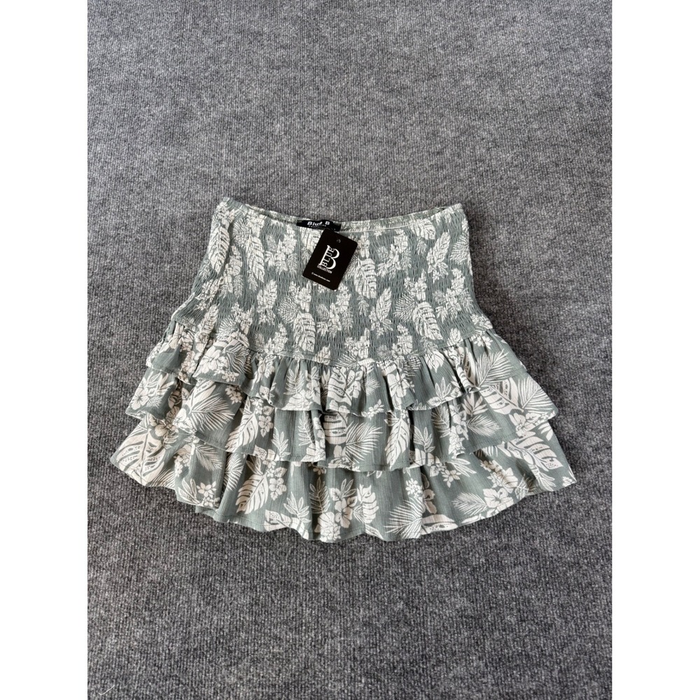Blue B Collection Tropical Palm Print Smocked Ruffle NWT Mini Skirt L